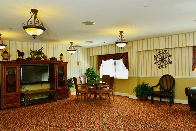 A cozy living room with traditional furniture, a dining table, and indoor plants.