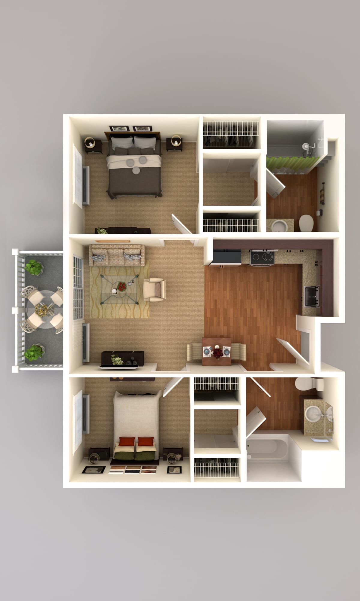 A 3D rendering of an apartment floor plan featuring two bedrooms, a living area, kitchen, and balcony.
