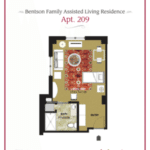 A floor plan of an assisted living apartment labeled Apt. 209, featuring a bedroom, bathroom, and living area.