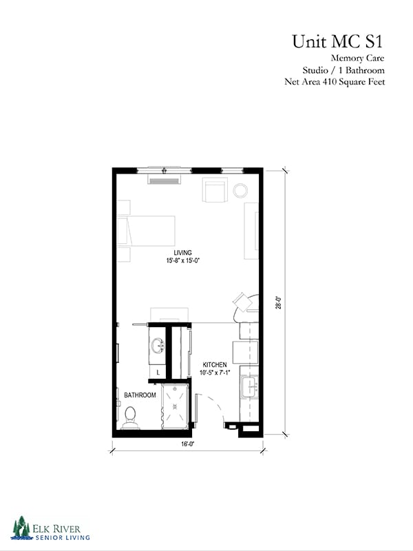 Studio apartment floor plan with designated living, kitchen, and bathroom areas.