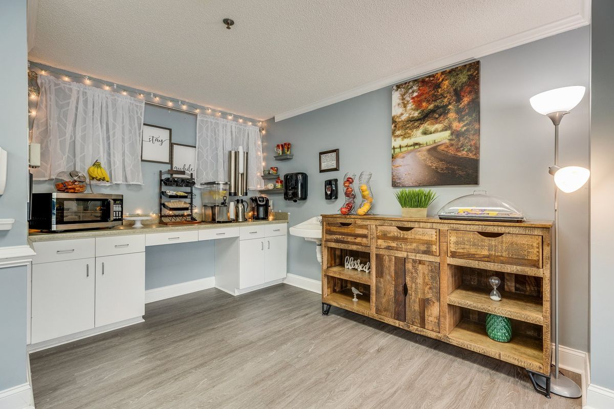 A cozy and organized home office with a mix of modern and rustic elements.