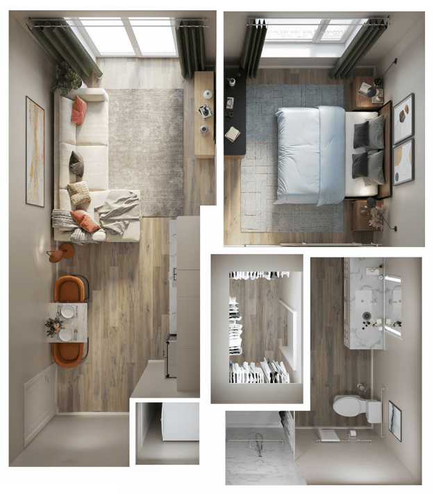 A detailed apartment floor plan showing a bedroom, living room, and bathroom with furniture and fixtures.