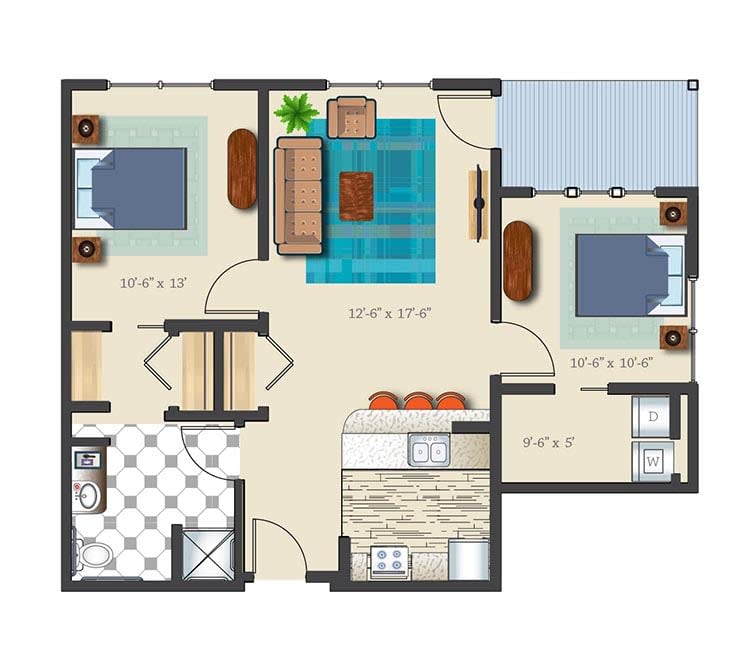 A floor plan of a two-bedroom apartment with a kitchen, living room, and bathroom.