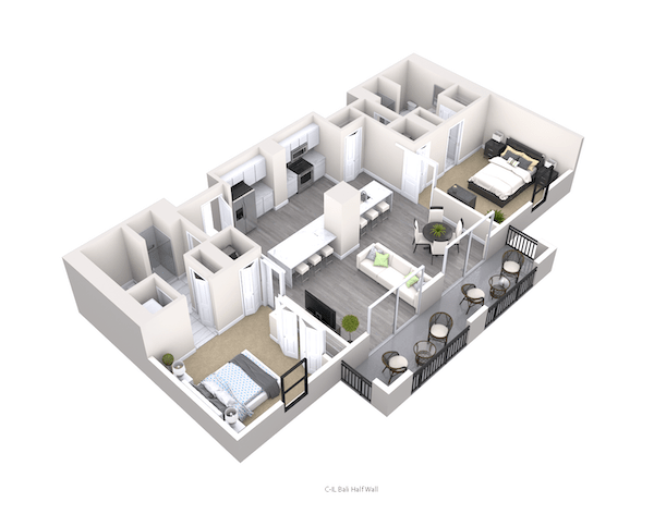 A 3D rendered floor plan of a modern two-bedroom apartment featuring an open living area with a kitchen, dining space, and living room.