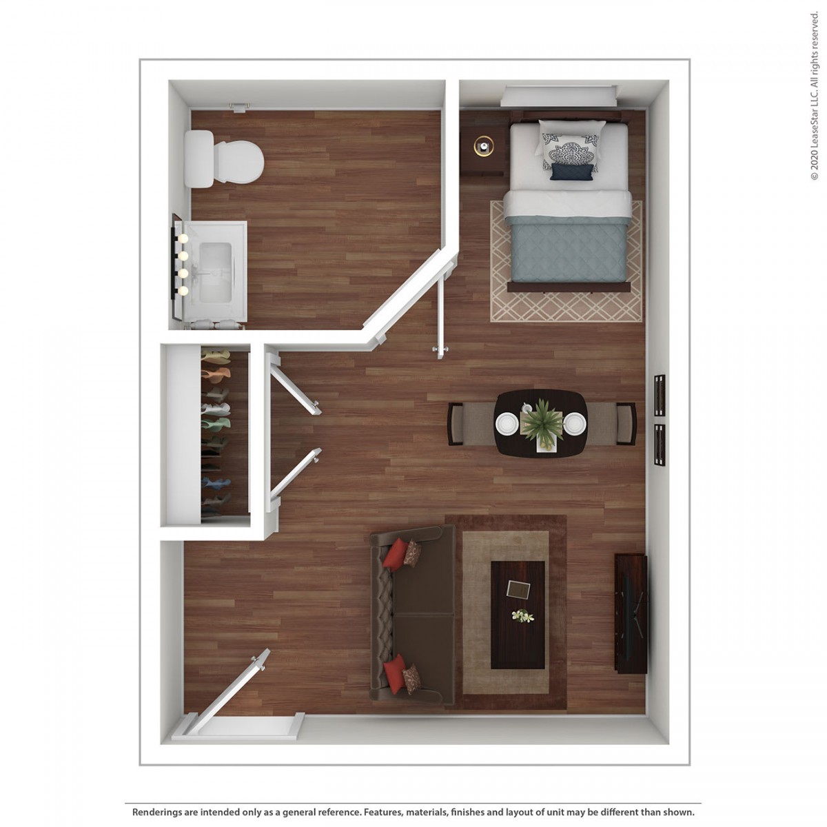 A compact one-bedroom apartment floor plan featuring a living area, bathroom, and bedroom with wood flooring.