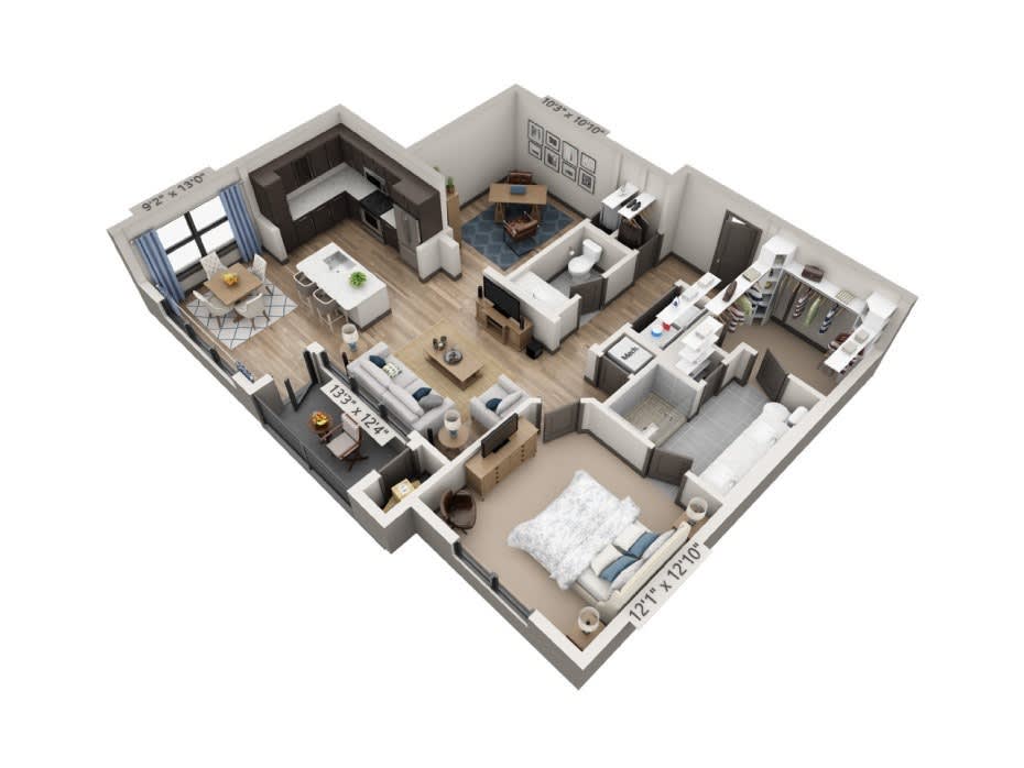 3D floor plan of a modern apartment showcasing an open layout with detailed furniture arrangement.