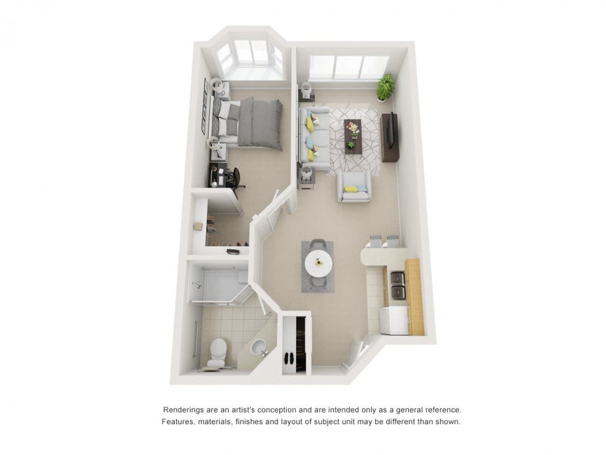 A 3D floor plan of a one-bedroom apartment featuring a spacious living room, modern kitchen, and bathroom.