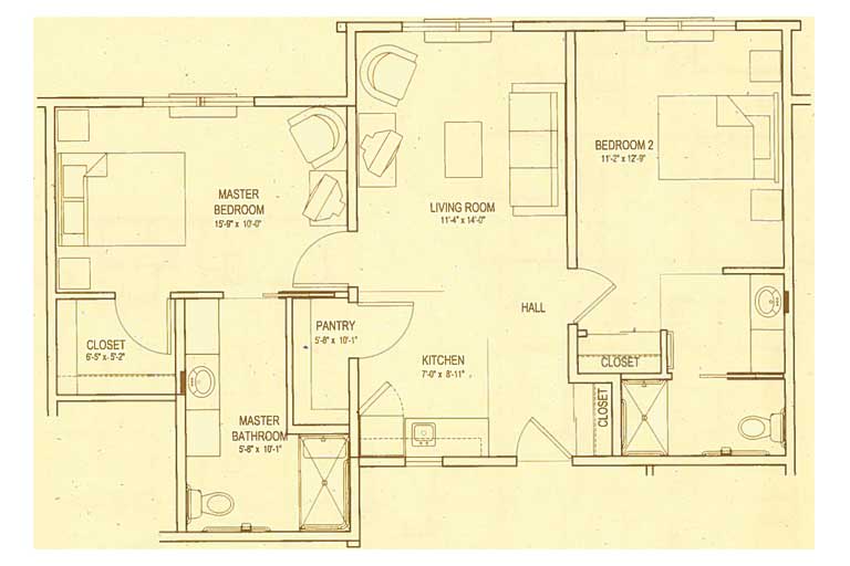 A detailed floor plan of an apartment with labeled rooms and dimensions.