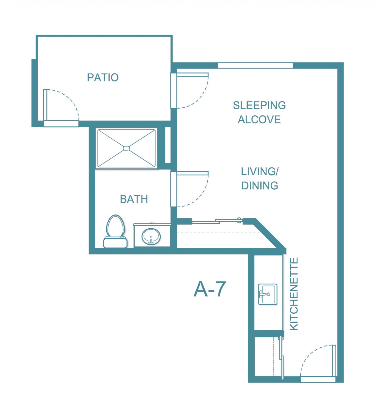 A floor plan of a studio apartment with a sleeping alcove, living/dining area, kitchenette, bath, and patio.