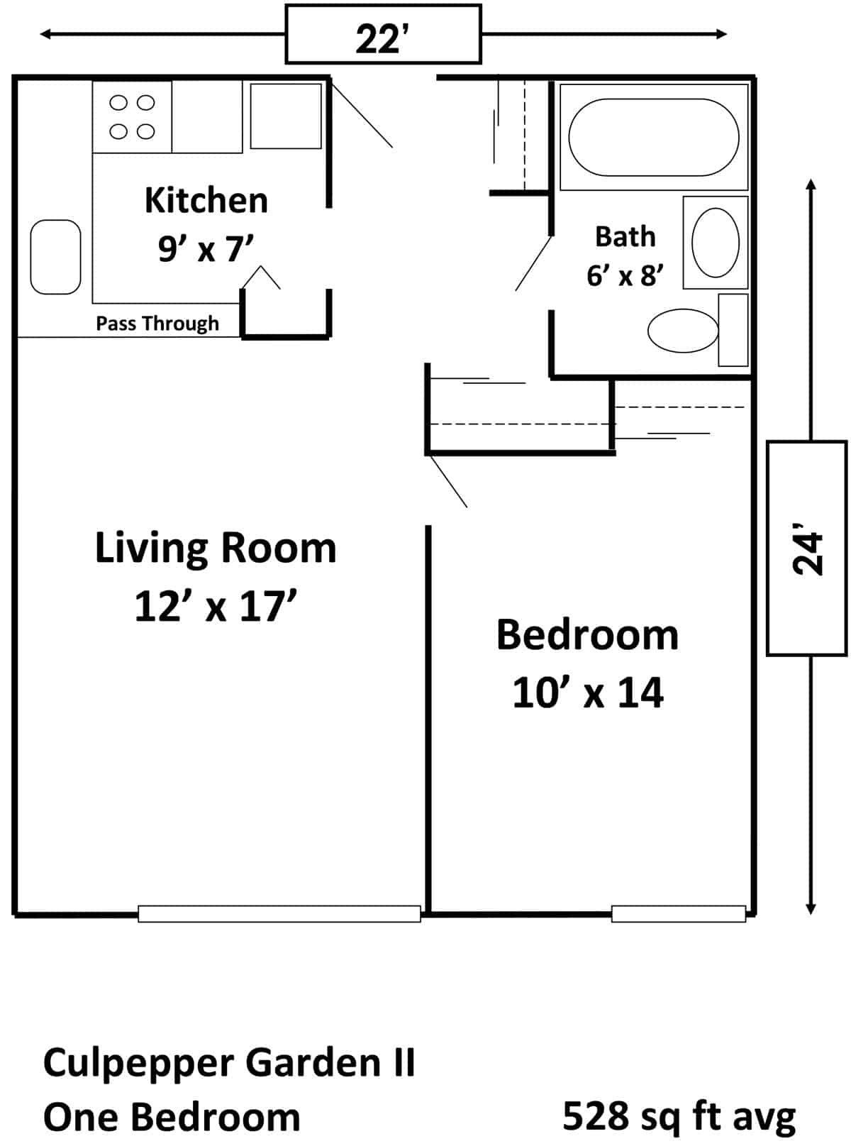 Floor plan of a one-bedroom apartment with specified room dimensions.