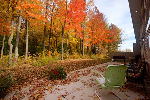 A serene patio surrounded by vibrant autumn foliage and orange-leaved trees.
