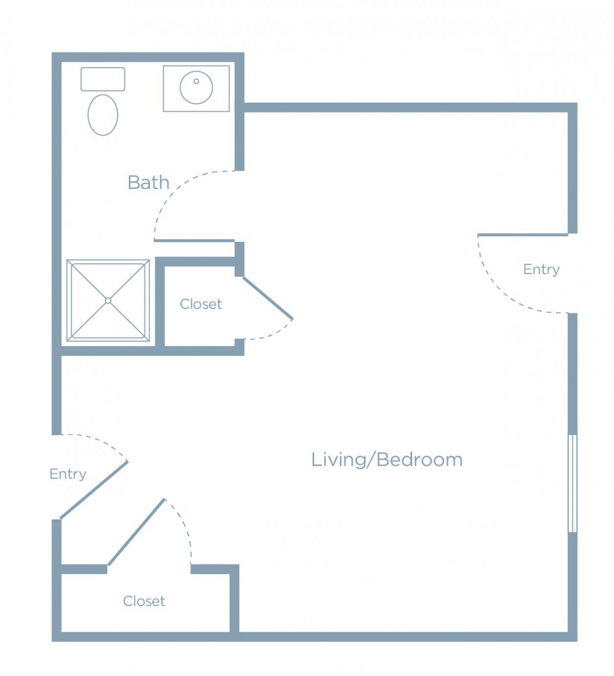 A floor plan of a studio apartment featuring a bathroom, closet, and living/sleeping area.