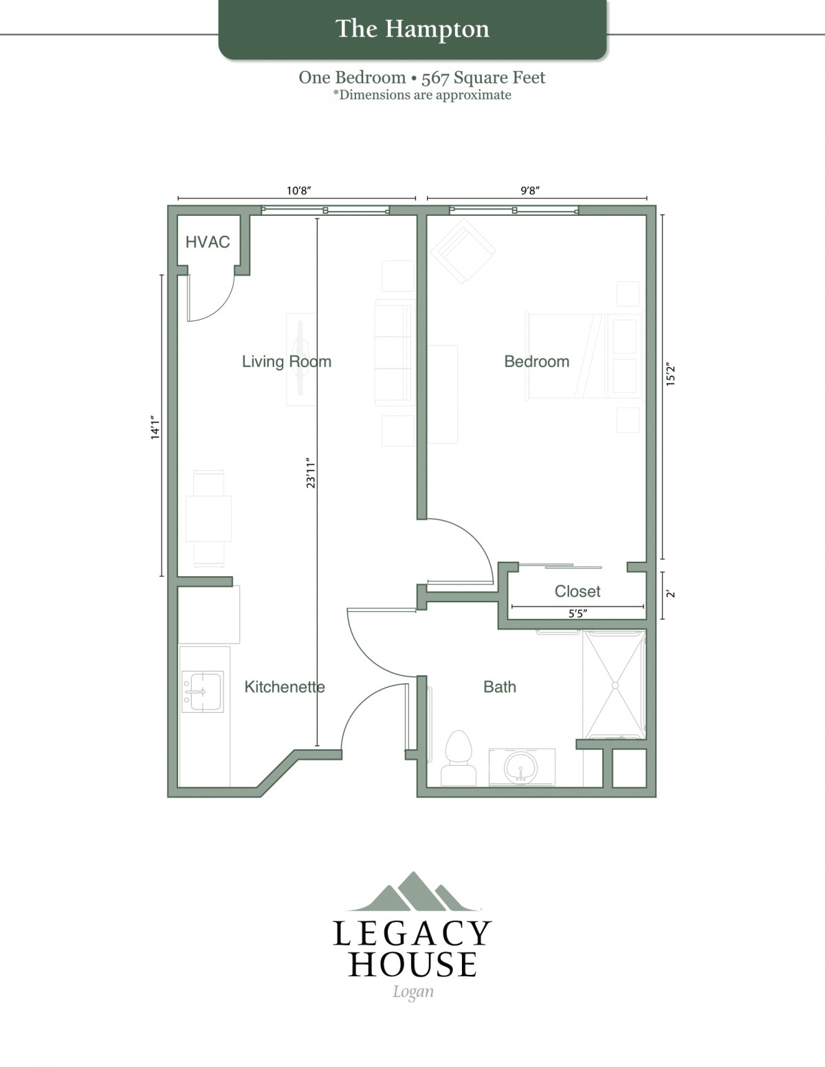 A floor plan layout of a one-bedroom apartment featuring a living room, kitchen, and bathroom.