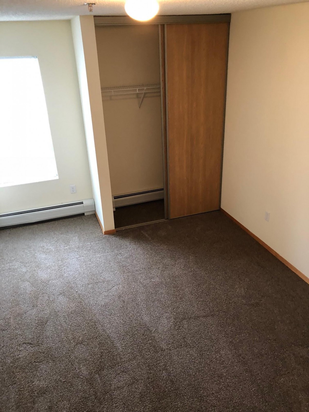 An empty room with a carpeted floor, featuring a closet and a window with natural light.