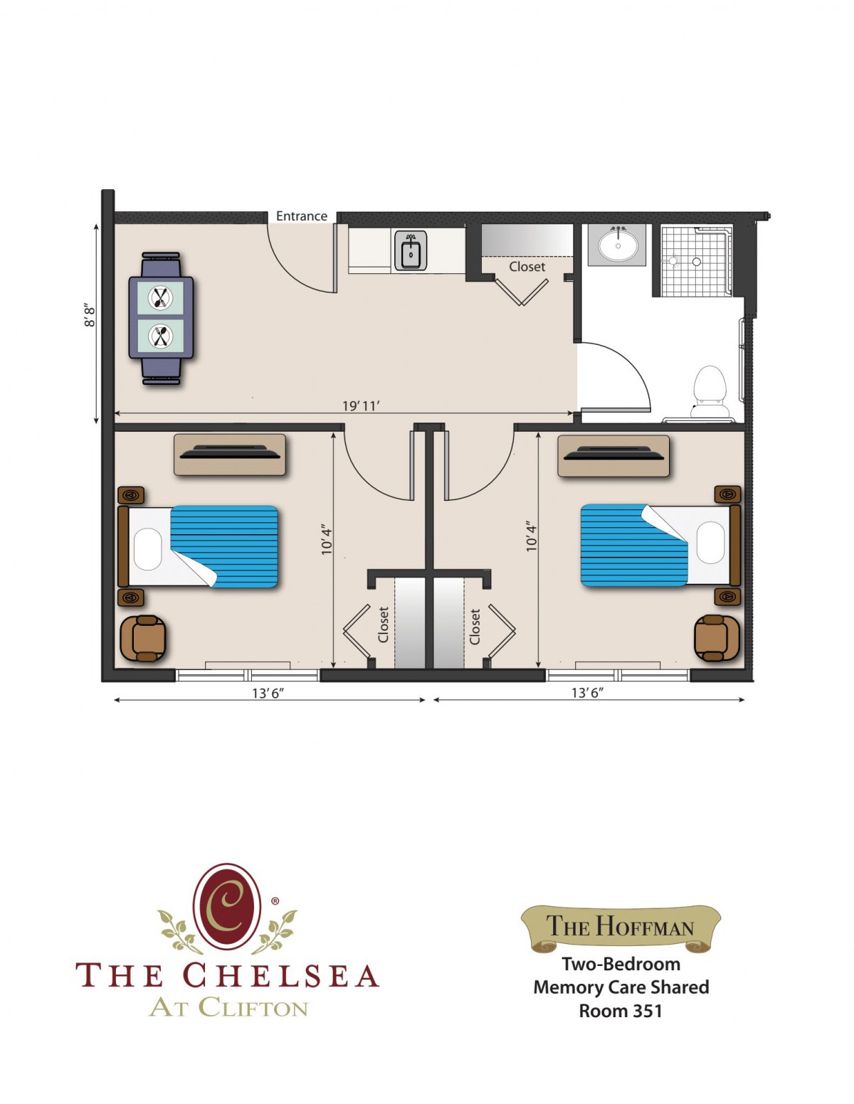A two-bedroom apartment floor plan from The Chesna.