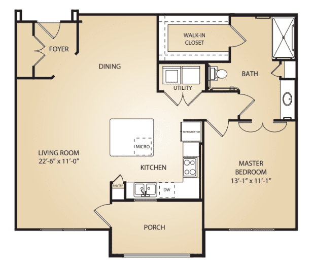 One-bedroom apartment floor plan with a living room, kitchen, dining area, and porch.
