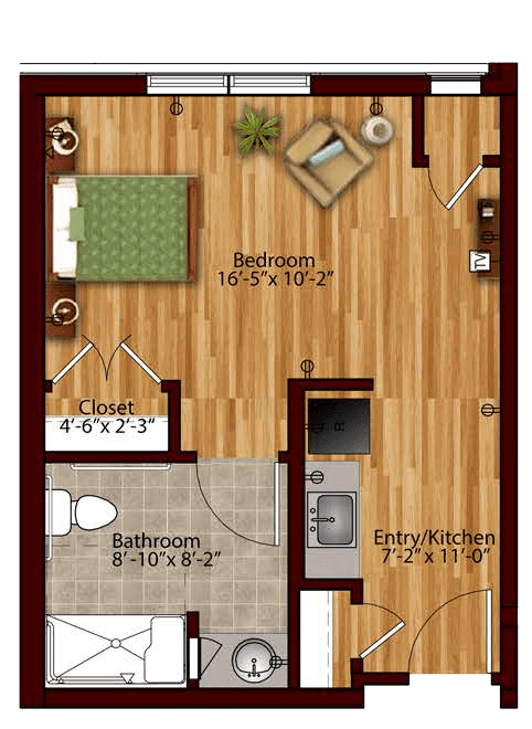 An apartment floor plan showing a bedroom, kitchen, and bathroom layout.