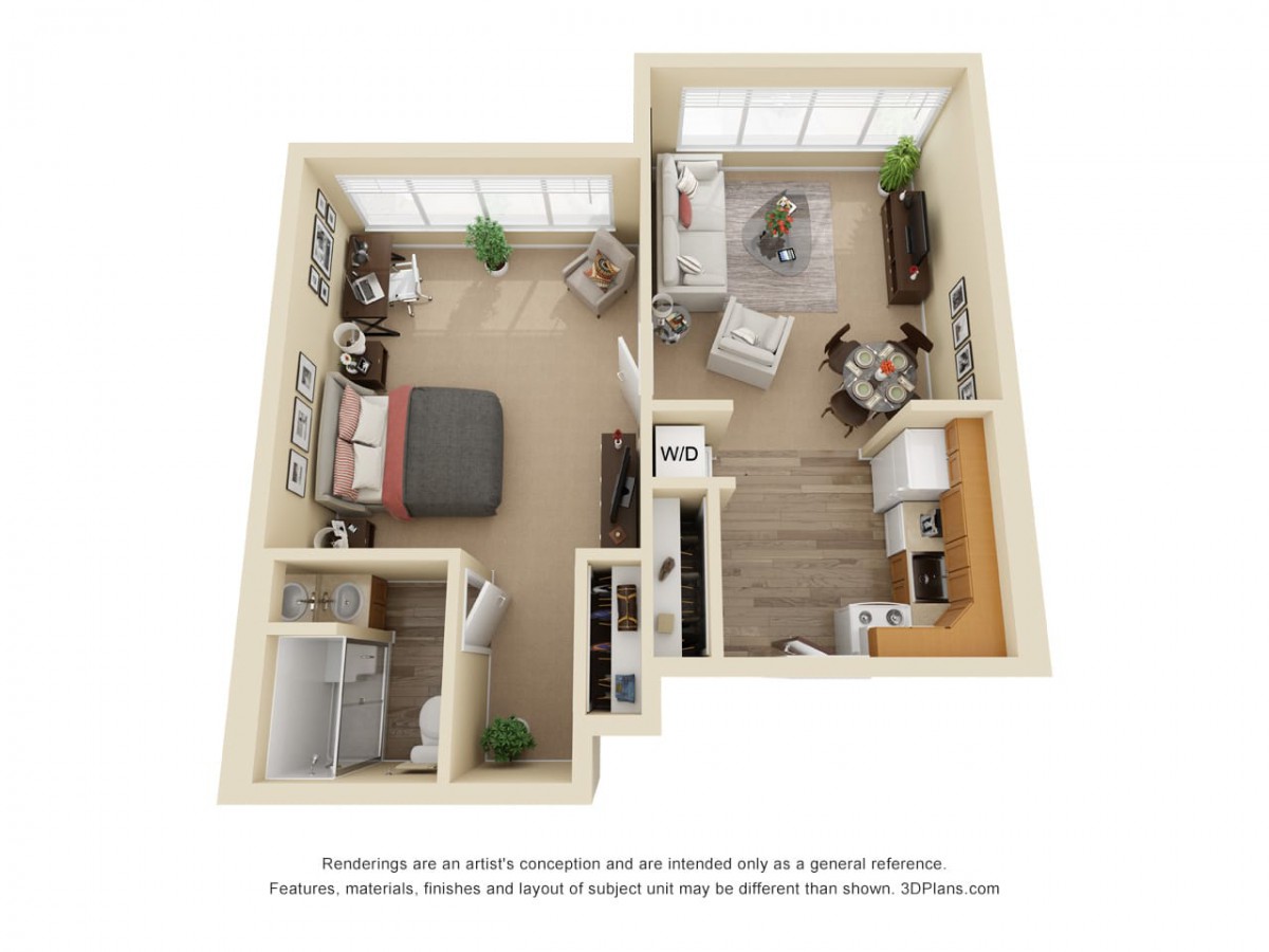 A 3D floor plan of a one-bedroom apartment with living room, kitchen, and bathroom.