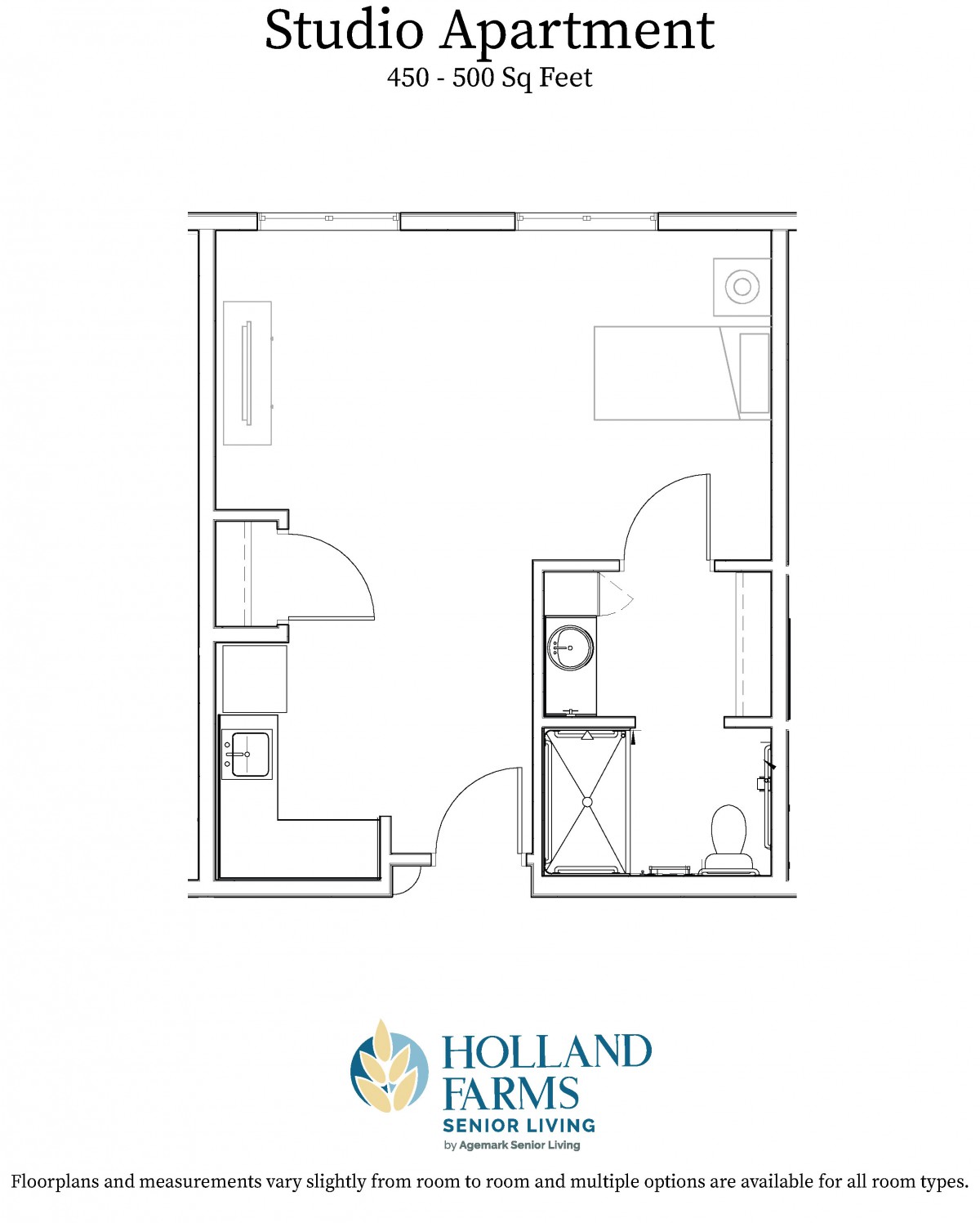 A floor plan of a studio apartment with designated areas for a bed, kitchen, and bathroom.