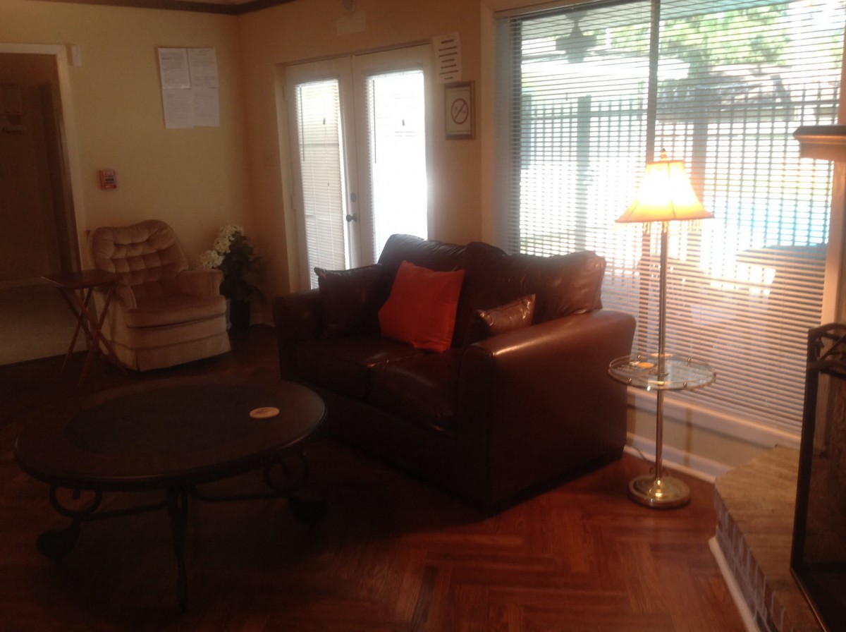 A cozy living room with a sofa and lamp by the window.