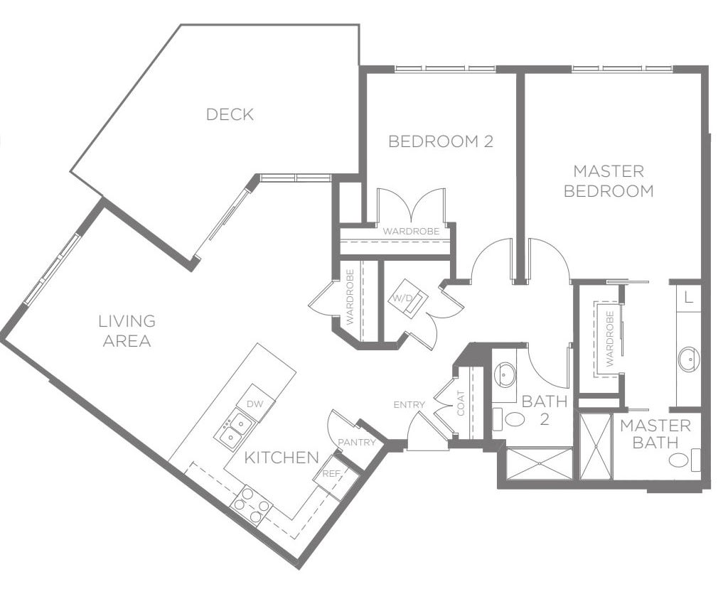 Floor plan of an apartment featuring two bedrooms, a living area, and kitchen.