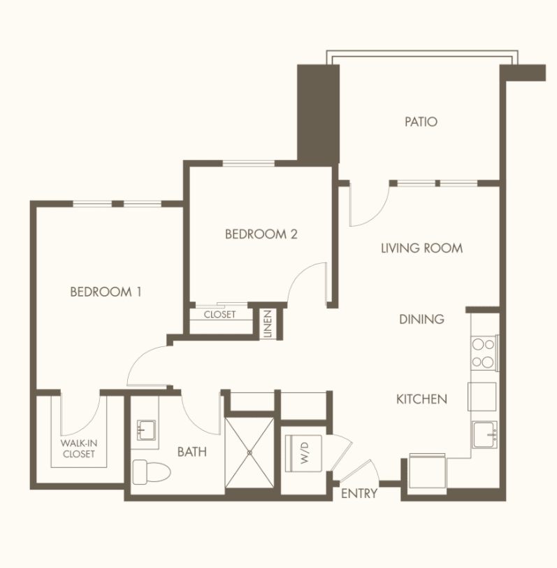 A floor plan featuring an apartment with two bedrooms, a living room, kitchen, bathroom, and balcony.