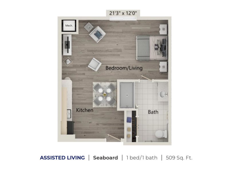 A floor plan of a studio apartment for assisted living, detailing the layout of the kitchen, bathroom, and combined living and sleeping areas.