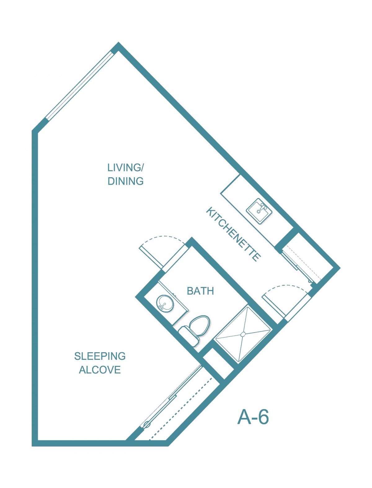 A compact apartment floor plan featuring a living and dining area, kitchenette, bathroom, and a sleeping alcove.