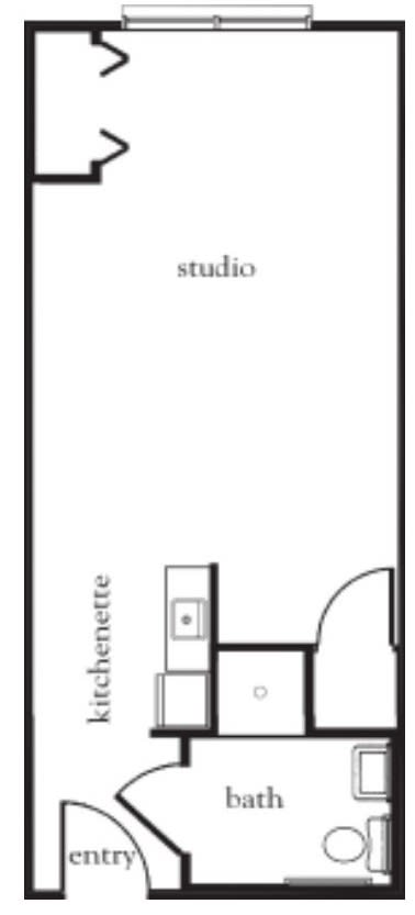 A simple floor plan of a studio apartment with a kitchenette.