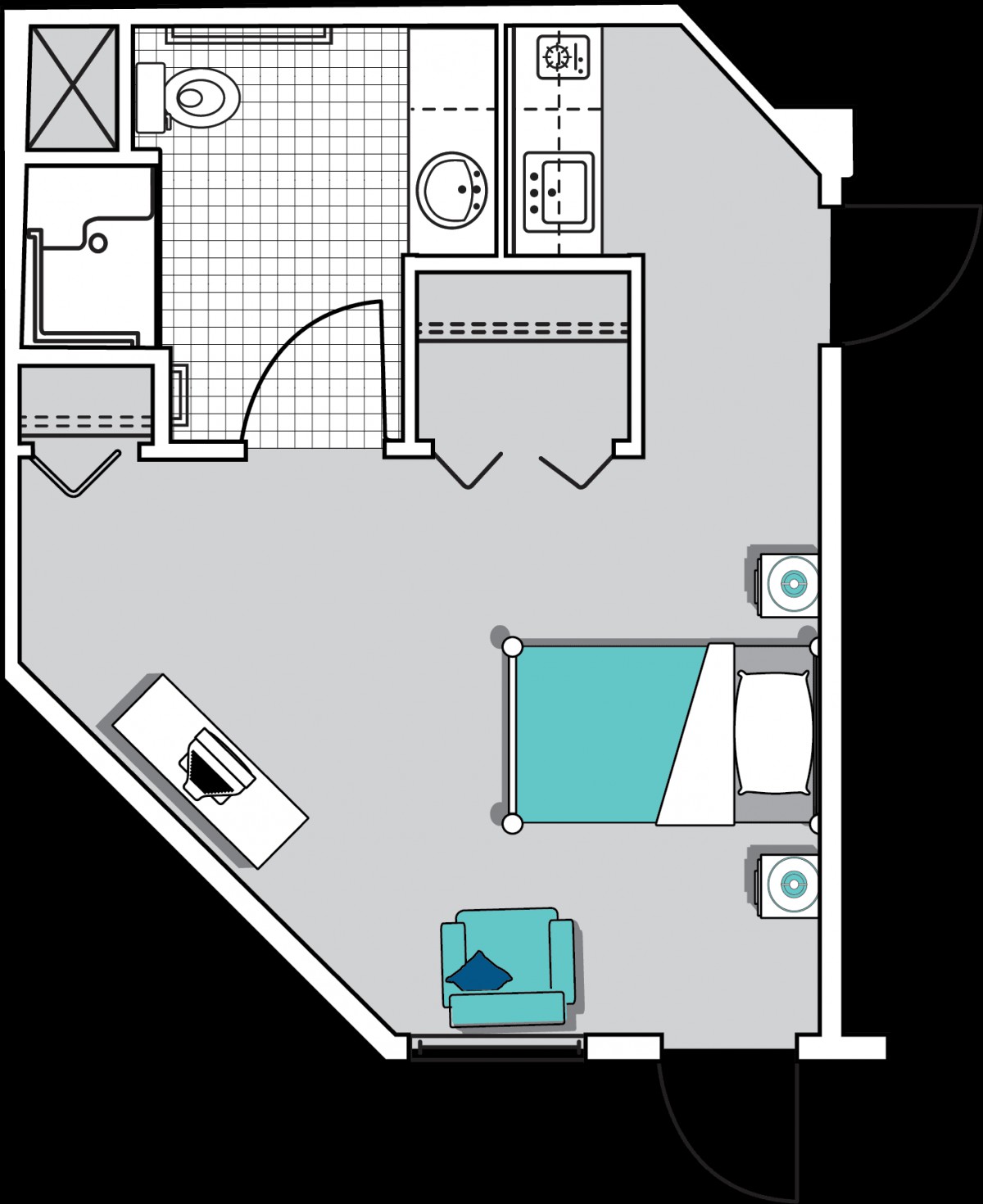A floor plan of a studio apartment featuring a combined living and sleeping area with an adjacent bathroom.