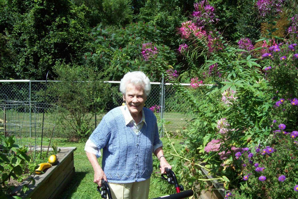 An elderly woman enjoys gardening among flowers on a sunny day.