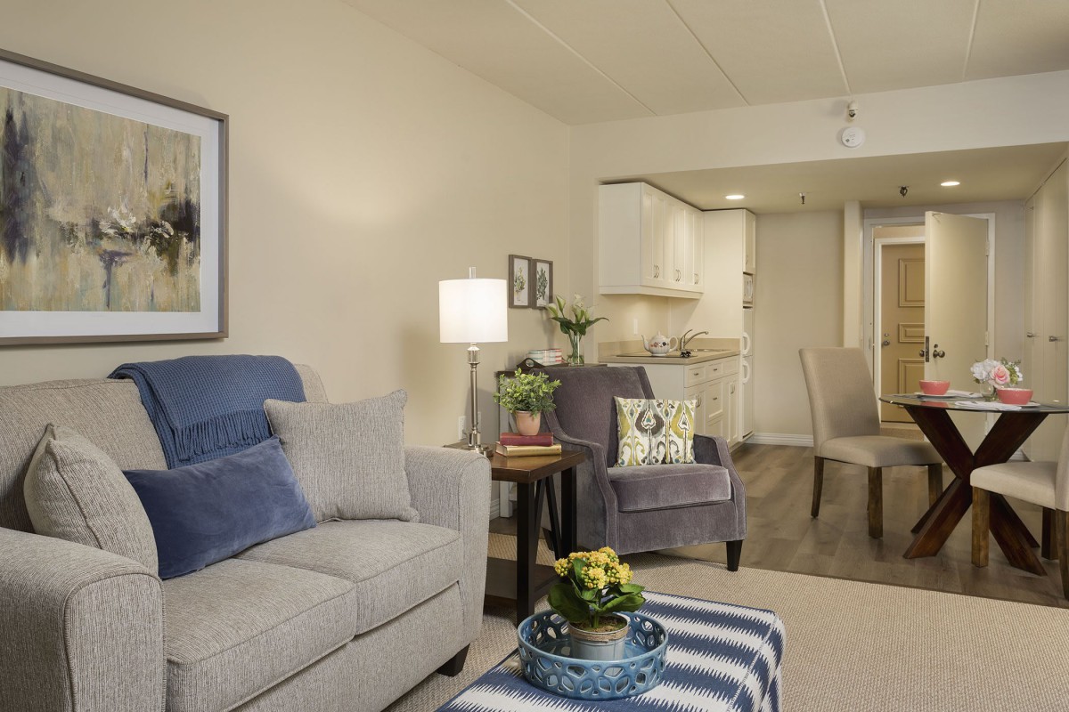 A cozy living room with modern furniture and decor, featuring a sofa, chairs, and a coffee table adorned with plants.
