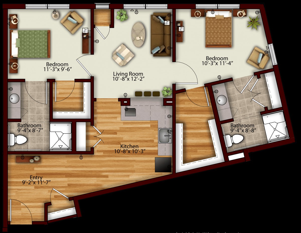 A detailed floor plan of an apartment showcasing various rooms and living spaces.