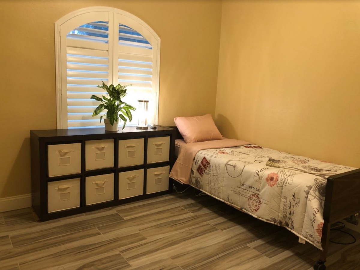 A cozy, minimalist bedroom with a single bed and dresser, featuring a window, indoor plant, and lamp.