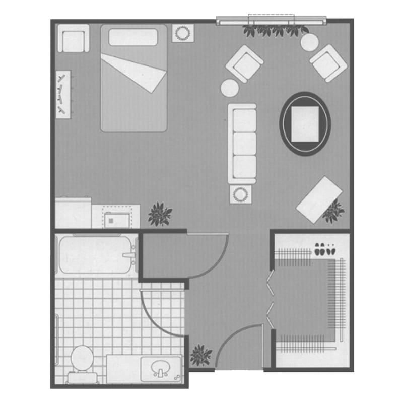 A black and white floor plan of an apartment featuring a bedroom, bathroom, and living room.