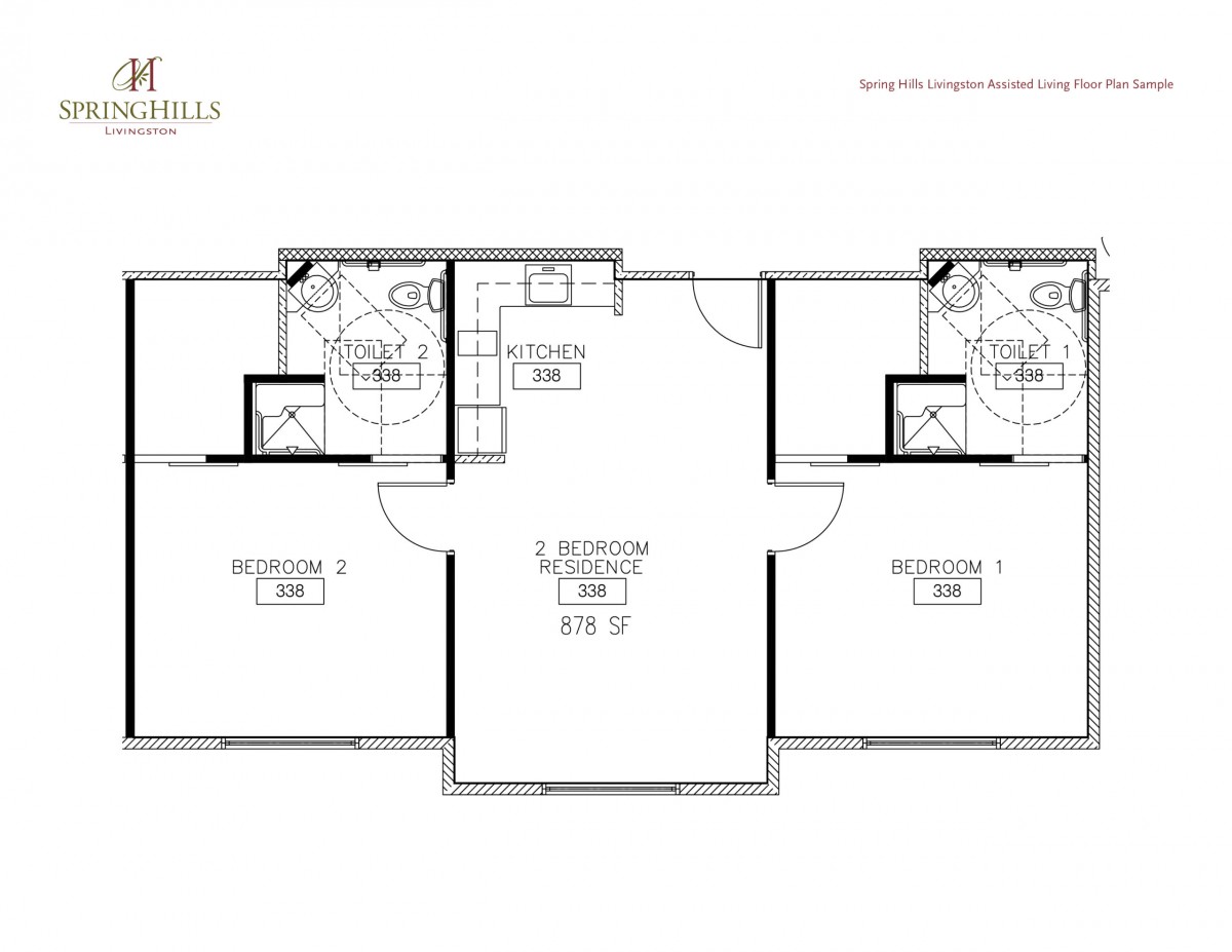 A detailed floor plan showing the layout of an apartment with two bedrooms, a living room, and bathrooms.