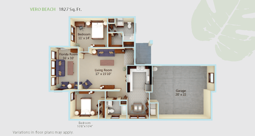 A detailed 3D floor plan of a house, showing the layout of rooms and a garage.