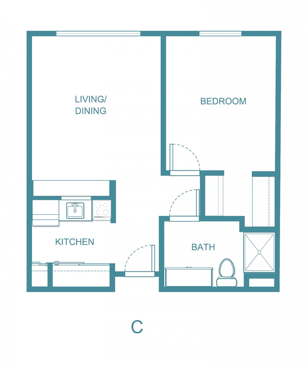 One-bedroom apartment floor plan featuring a kitchen, living/dining area, bedroom, and bath.