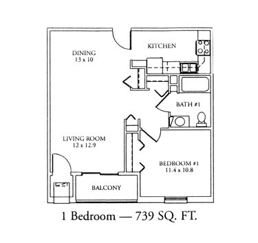 A floor plan of a 1-bedroom apartment with a total area of 739 square feet, including a living room, dining area, kitchen, bathroom, and balcony.