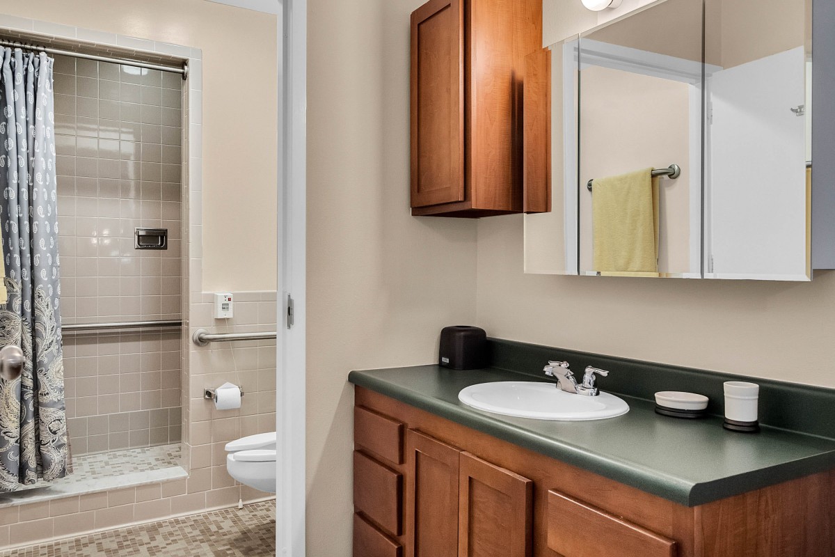 A modern bathroom with a sink, mirror, and wooden cabinets.