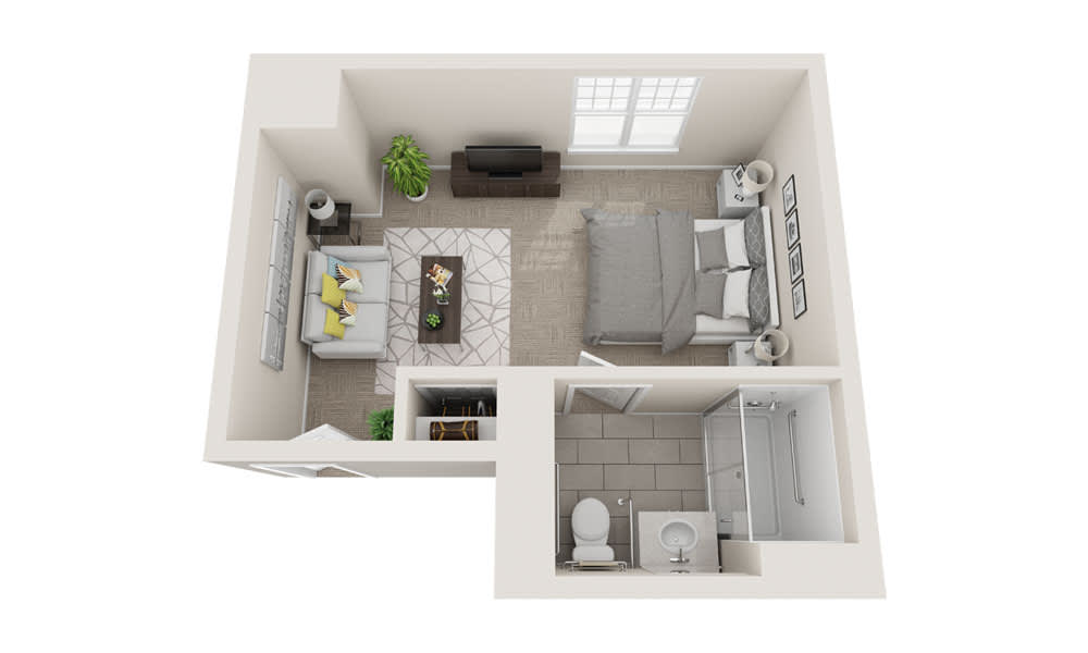 Studio apartment floor plan with a combined living and bedroom area and separate bathroom.
