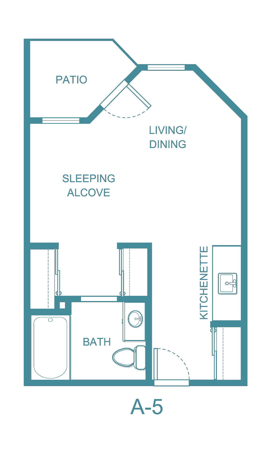 A floor plan of a studio apartment featuring a sleeping alcove, living/dining area, kitchenette, and bathroom.