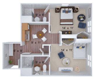 A top-down view of a two-bedroom apartment floor plan with detailed furniture arrangement.