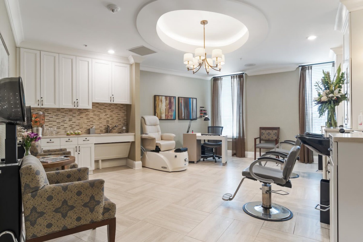 A well-appointed beauty salon with elegant furnishings and decor.