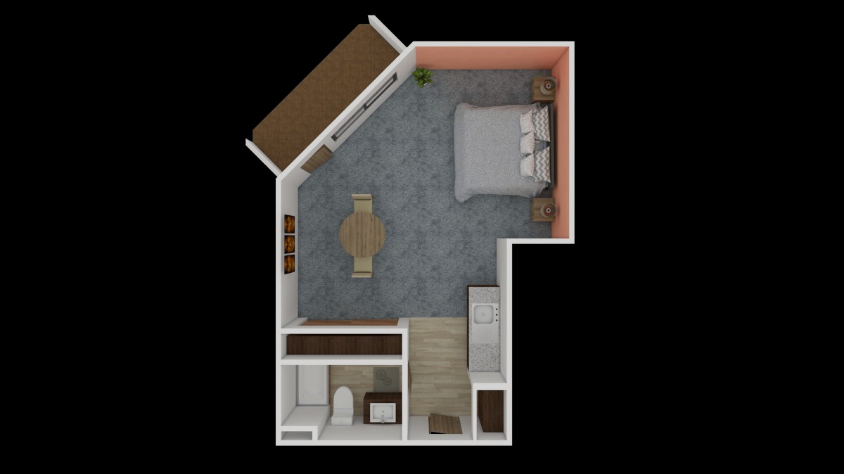 Studio apartment floor plan layout with a bedroom, living area, kitchen, and bathroom.