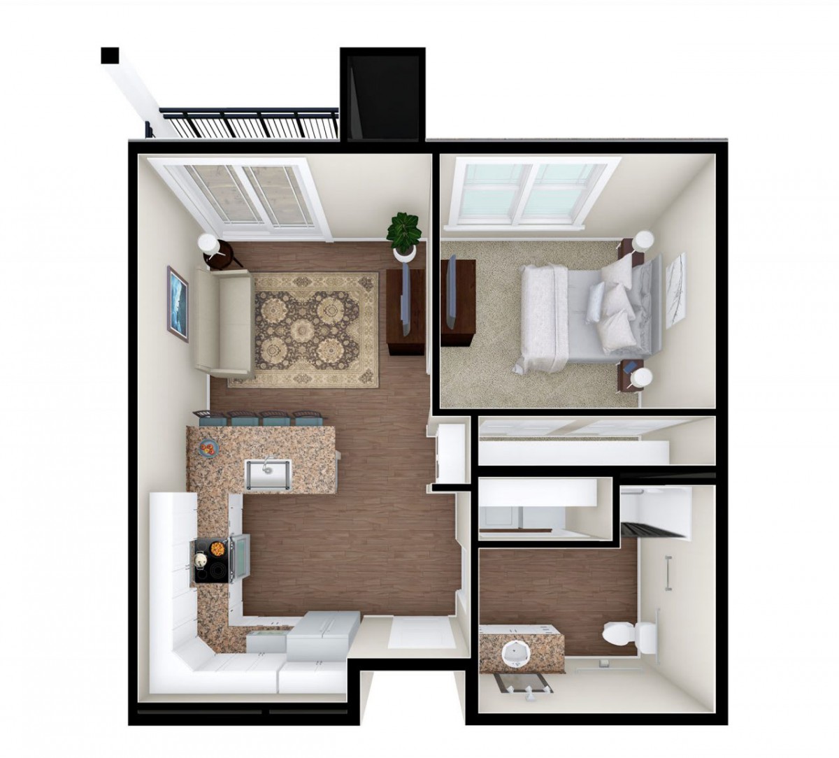A 3D floor plan of a one-bedroom apartment featuring a living room, kitchen, bathroom, and bedroom.