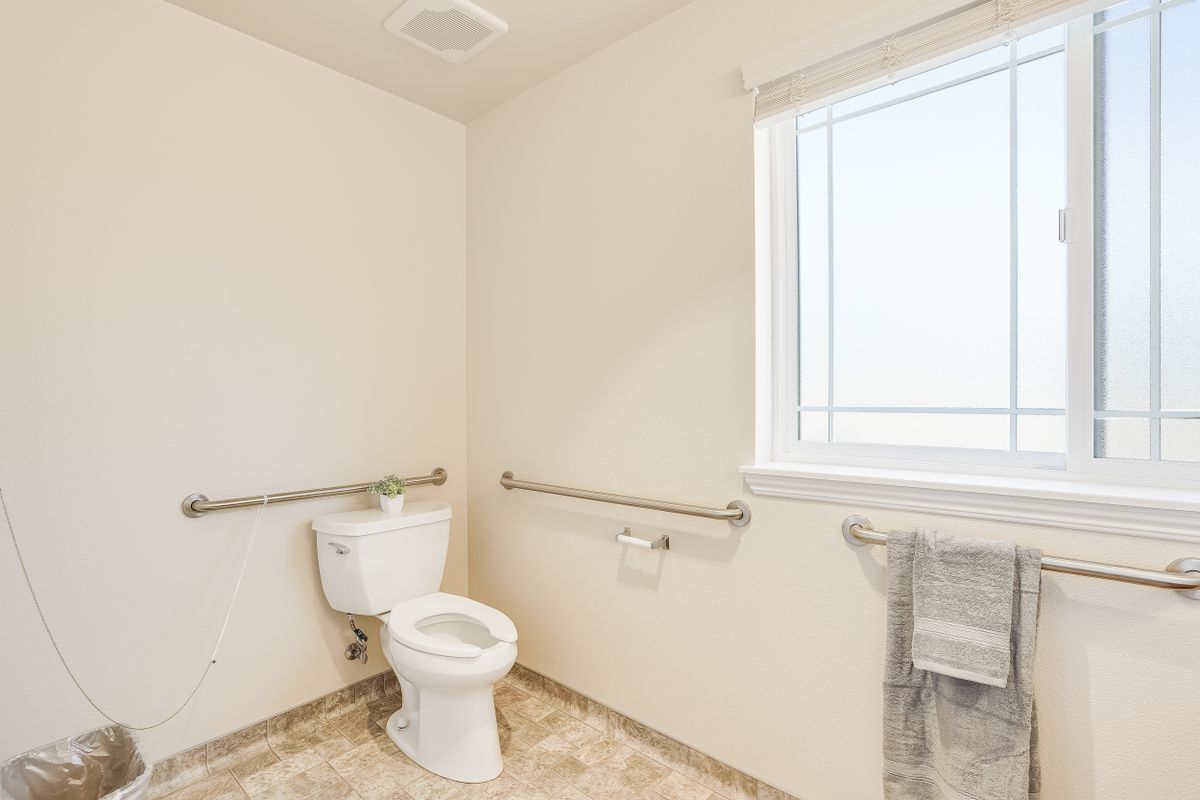A bright, minimalist bathroom featuring a toilet, grab bars, and a window.