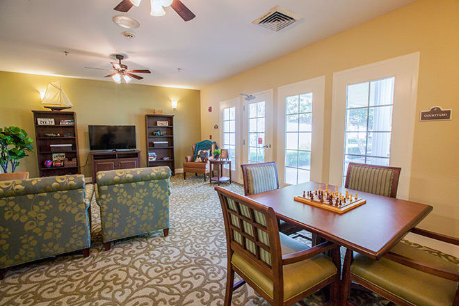 A cozy living room with a chess board on the table, sofas facing a TV, and large windows letting in natural light.
