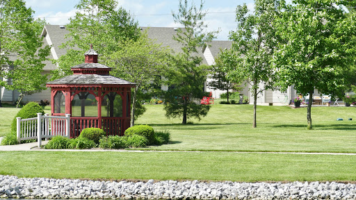 A serene park featuring a charming gazebo surrounded by lush greenery.