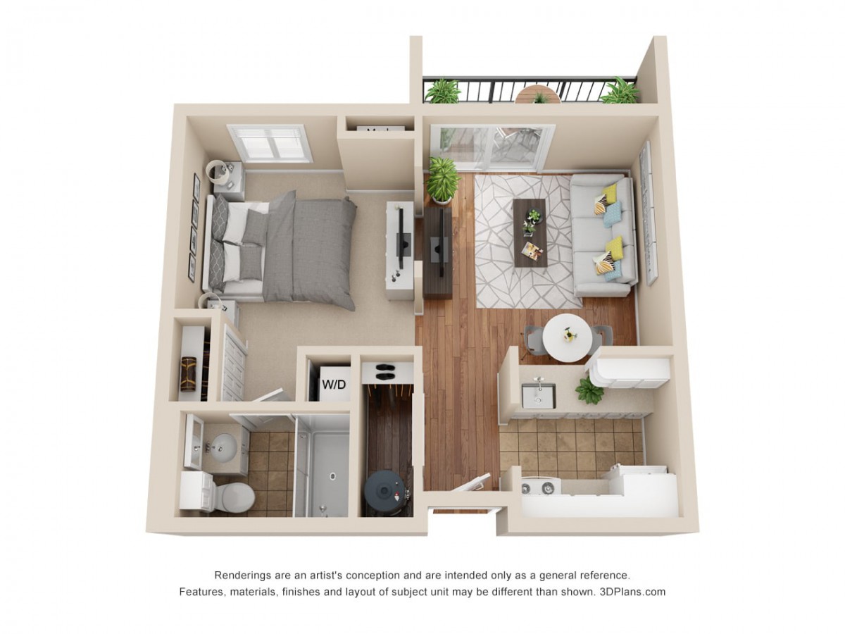 A 3D rendering of a one-bedroom apartment layout featuring a living room, kitchen, bathroom, and balcony.